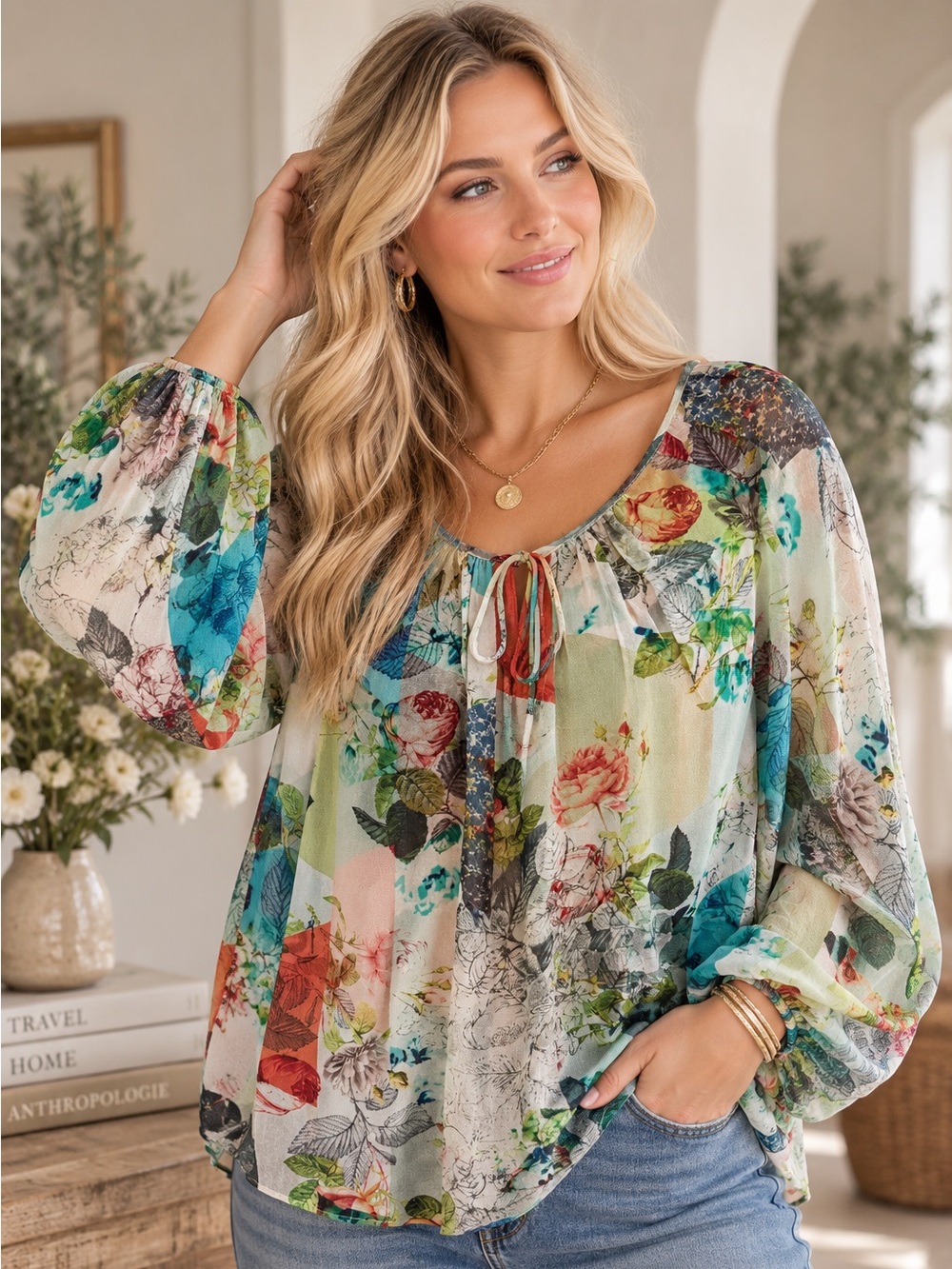 Leifsdottir Anthropologie 100% Silk Floral Patchwork Blouse Size 2